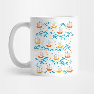 Oceanic Adventure: Yellow and Red Sailing Ships with Fish Mug